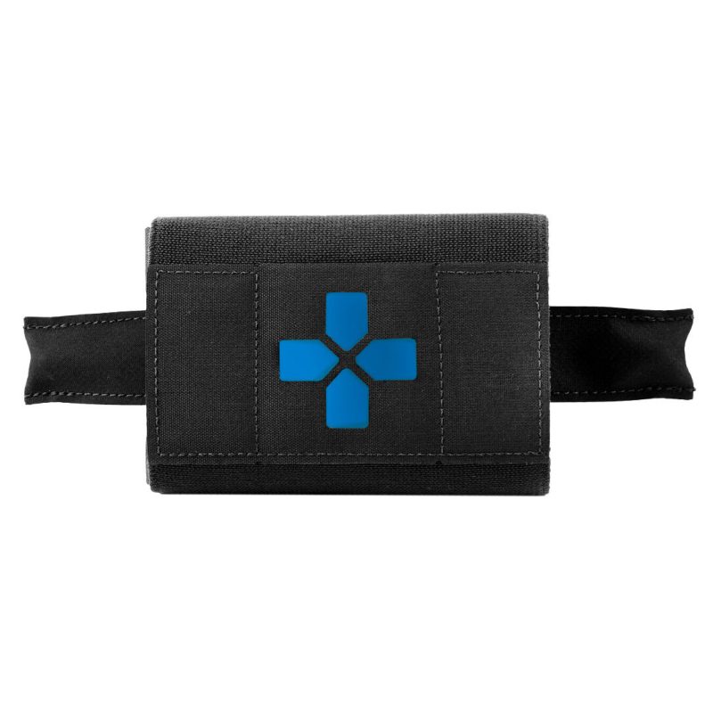 Black Blue Force Gear Micro Trauma Kit NOW! medical pouch with MOLLE attachment, empty, shown on a tactical vest or gear.