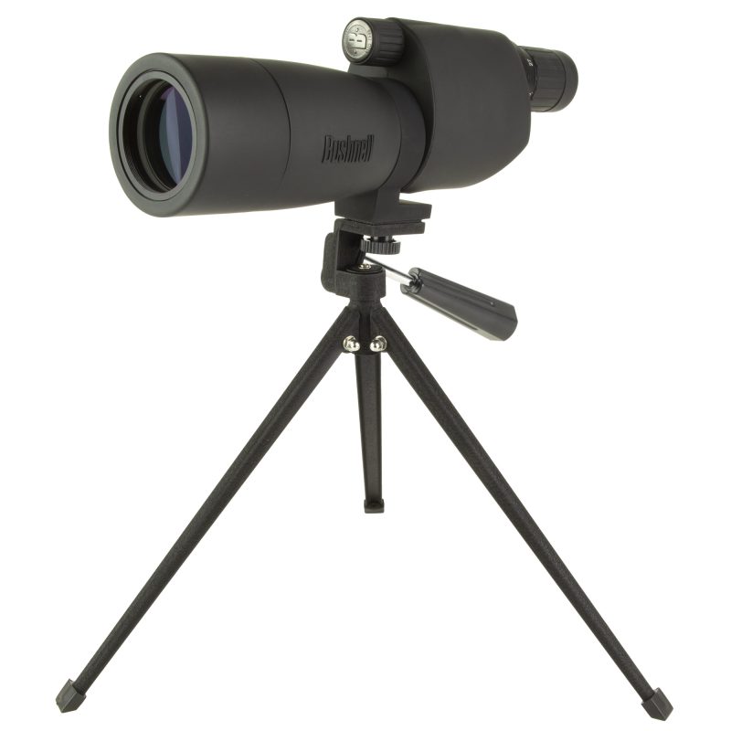 Bushnell Sentry 18-36x50mm spotting scope, black matte finish, with lens caps, tripod mount, and focus knob, shown on a rugged outdoor surface.