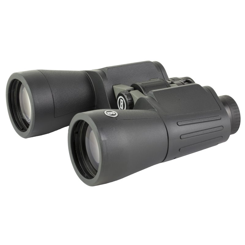 Black Bushnell Power View 2 12X50 binoculars on a rugged outdoor surface, ready for use in the White Mountains of Arizona.