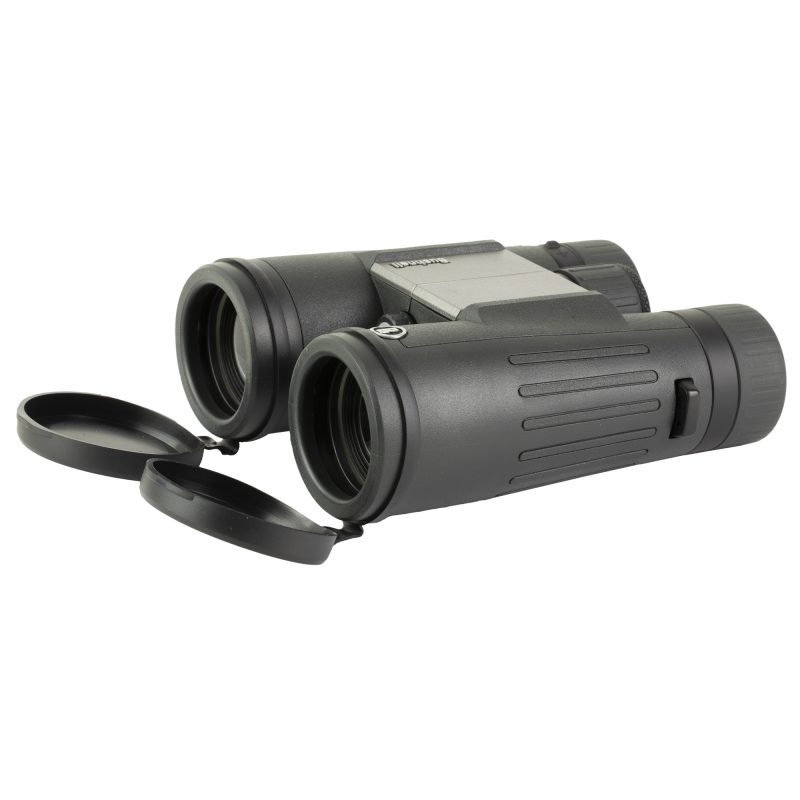 Black Bushnell Power View 2 8X42 binoculars with lens caps, shown against an outdoor background.