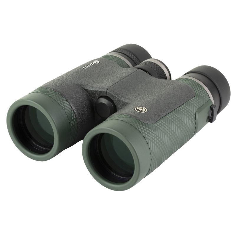 Burris Optics DropTine HD 10x42mm binoculars in green and gray, shown with lens caps, on a rugged outdoor surface.