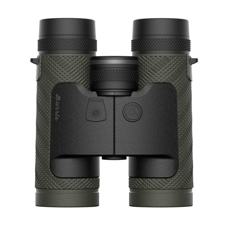 Burris Optics Signature HD LRF Binocular, 10X42mm, green and gray, shown in an outdoor setting.