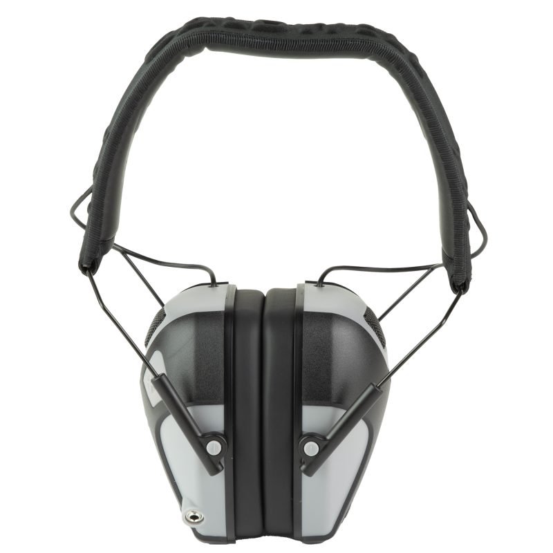 Gray Caldwell E-Max Pro electronic earmuffs with black earcups and headband, shown on a clean background.