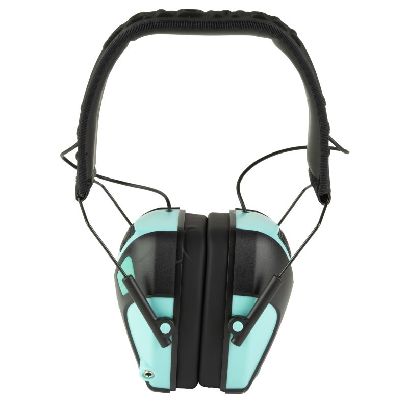 Aqua Caldwell E-Max Pro electronic earmuffs with a black headband, suitable for ranch work or shooting sports in the White Mountains.