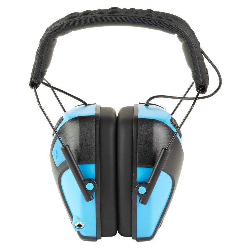 Caldwell E-Max Pro Small Electronic Earmuffs in blue, shown ready for use on a ranch or job site in the White Mountains.