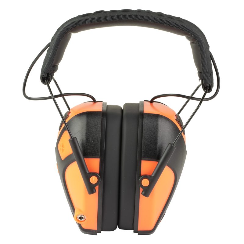 Pair of coral-colored Caldwell E-Max Pro Small Electronic Earmuffs with black earcups and headband, shown ready for use.