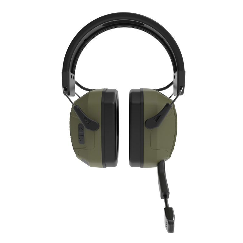 Caldwell E-Max Ear Muff 2-Way Comm in olive drab green and black with an ambidextrous boom microphone, shown ready for use on a ranch.