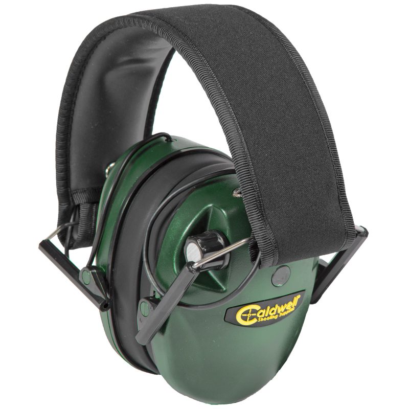 Black and green Caldwell Low-Profile Electronic Muff with a visible microphone and branding, shown from a slight angle.