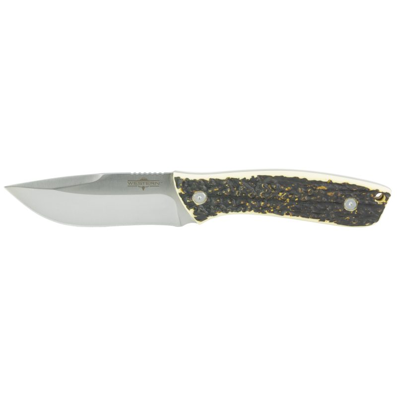 Camillus Cross Trail 4.25 inch fixed blade knife with a satin silver plain edge blade, faux stag handle, and black nylon sheath, displayed against a rustic background.