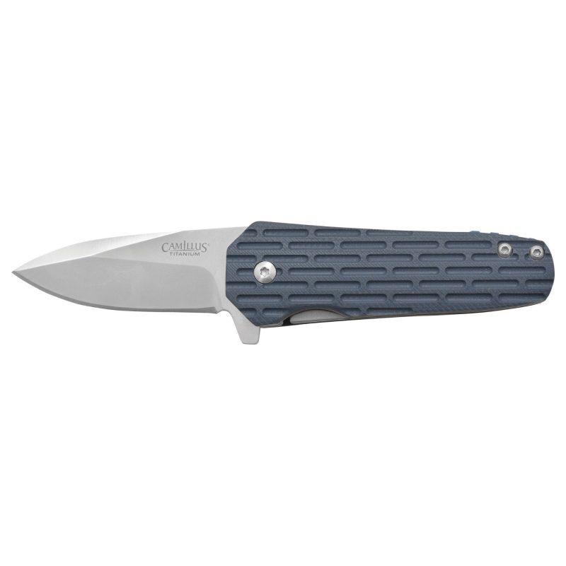 Camillus Wedge folding knife with blue fiberglass reinforced nylon handle and satin finish 420 stainless steel blade, partially open on a rustic wooden surface.