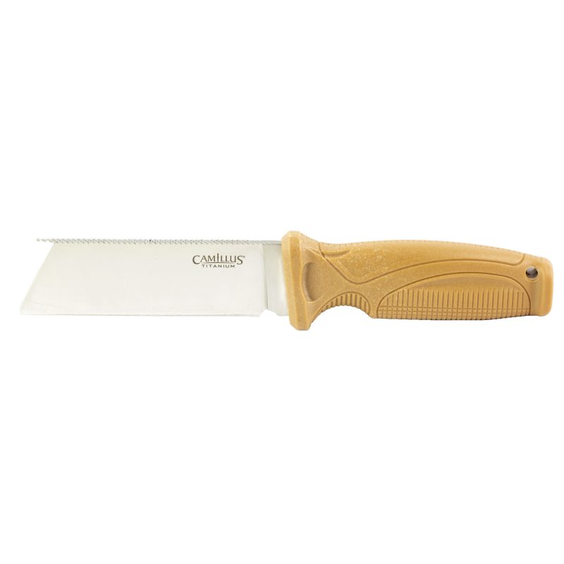 Camillus Swedge 8.75 inch fixed blade knife with a tan handle and silver chisel point blade, shown with its black polymer sheath.
