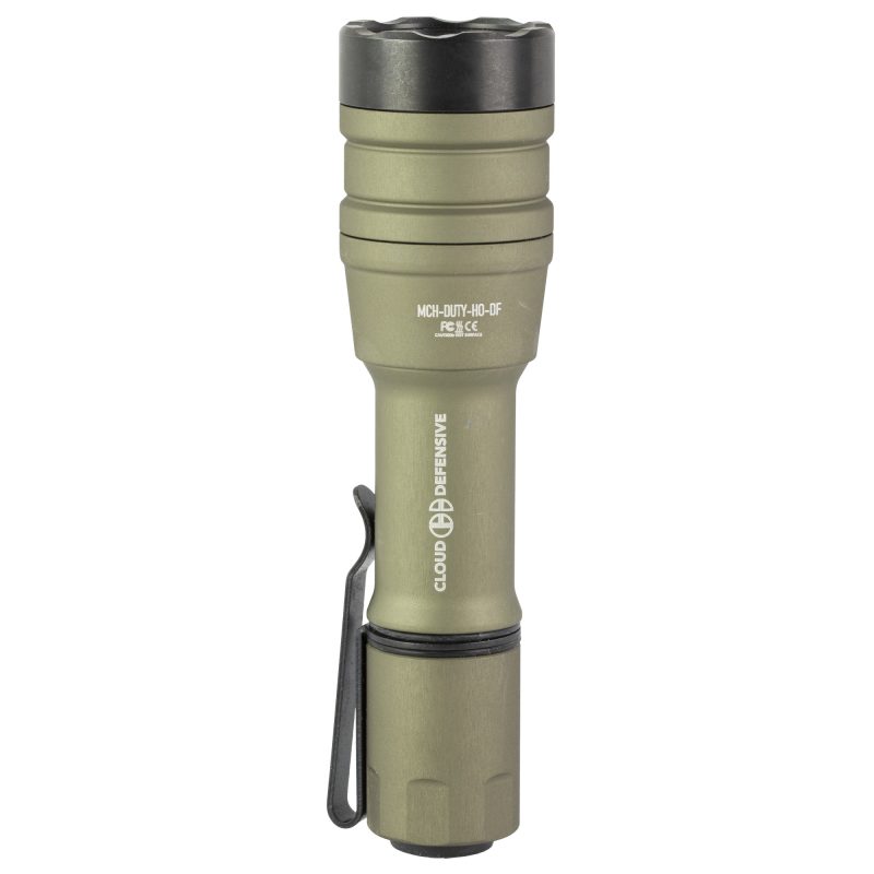 Flat Dark Earth Cloud Defensive MCH Duty High-Output handheld flashlight with a tool steel bezel ring, shown on a rugged surface.