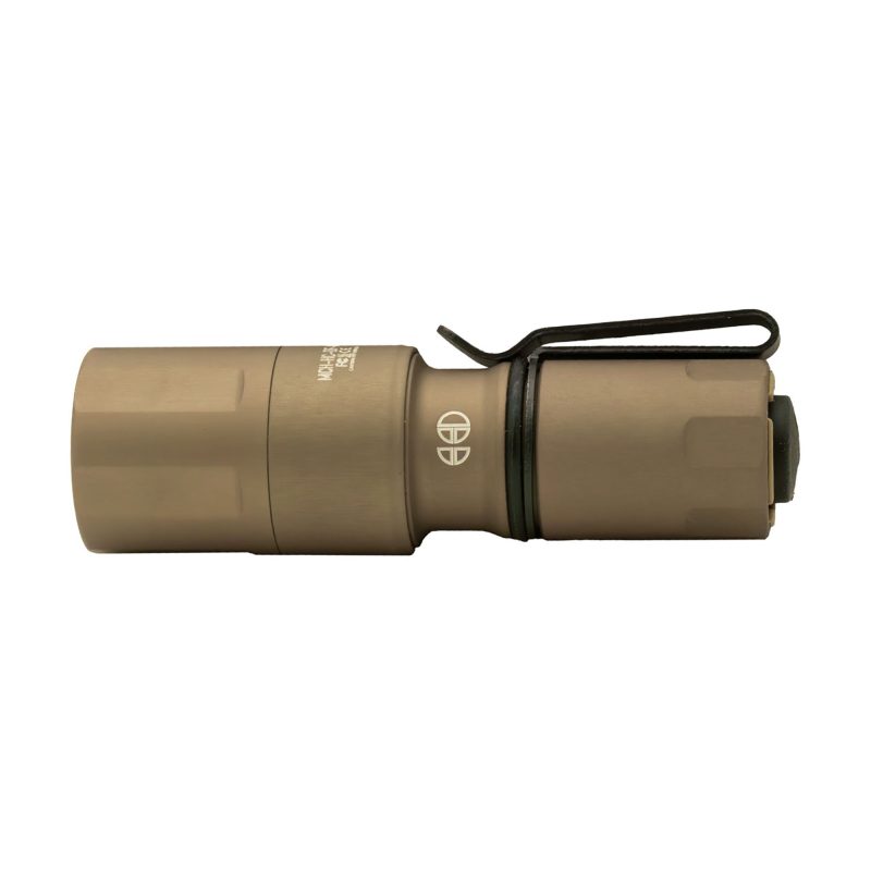 Cloud Defensive MCH Micro High Candela Flashlight in Flat Dark Earth color, showing its compact size and pocket clip.