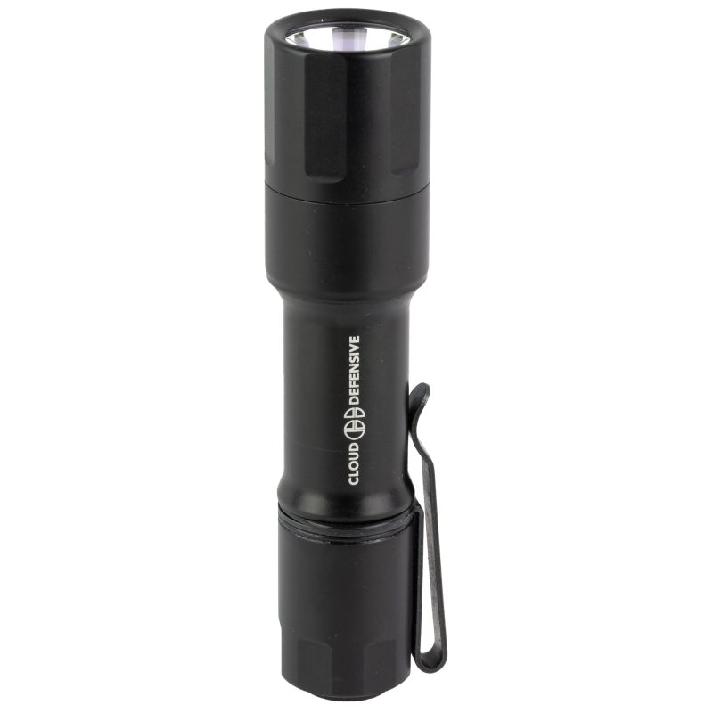 Black Cloud Defensive MCH High Candela handheld flashlight with pocket clip and 18650 battery, shown against a rugged outdoor background.