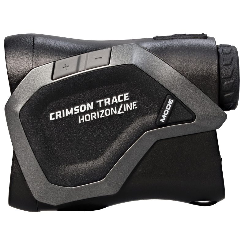 Crimson Trace Corporation Horizonline 2K Laser Rangefinder, black, with soft case and lanyard, shown against an outdoor, rugged background, suitable for use in the White Mountains of Arizona.