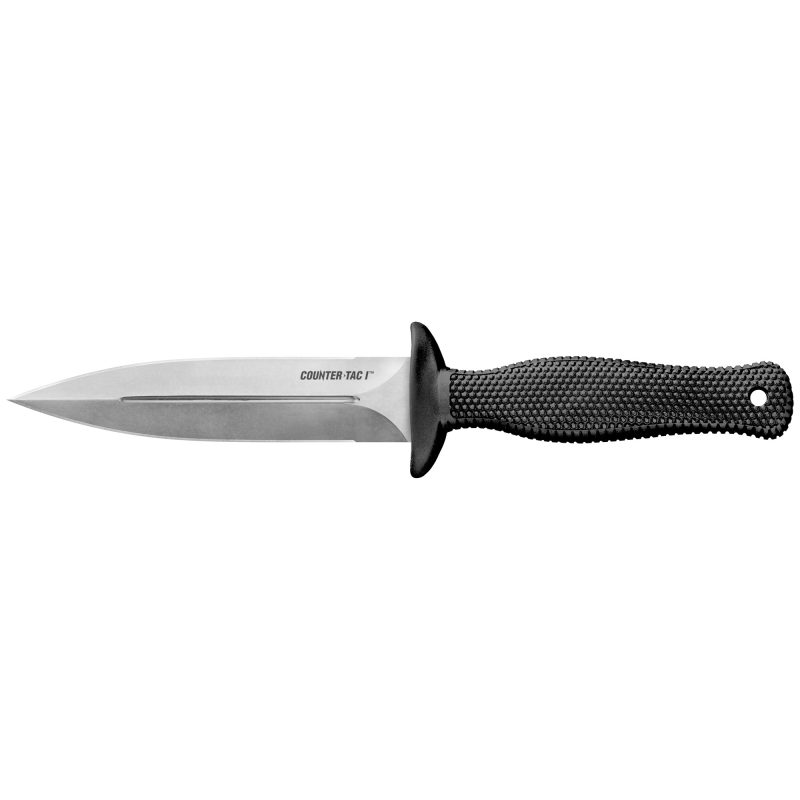 Cold Steel Counter Tac I fixed blade knife with a black Kray-Ex handle and a Secure-Ex sheath, shown against a rugged outdoor background.