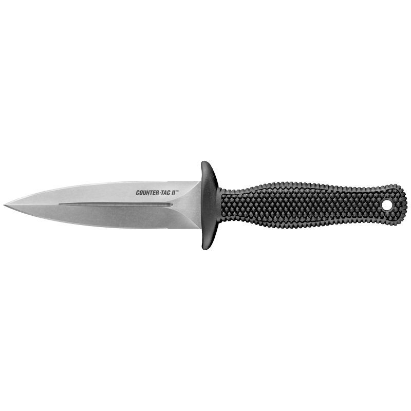 Cold Steel Counter Tac II fixed blade knife with a black Kray-Ex handle and a silver AUS-8A steel blade, shown with its black Secure-Ex sheath.