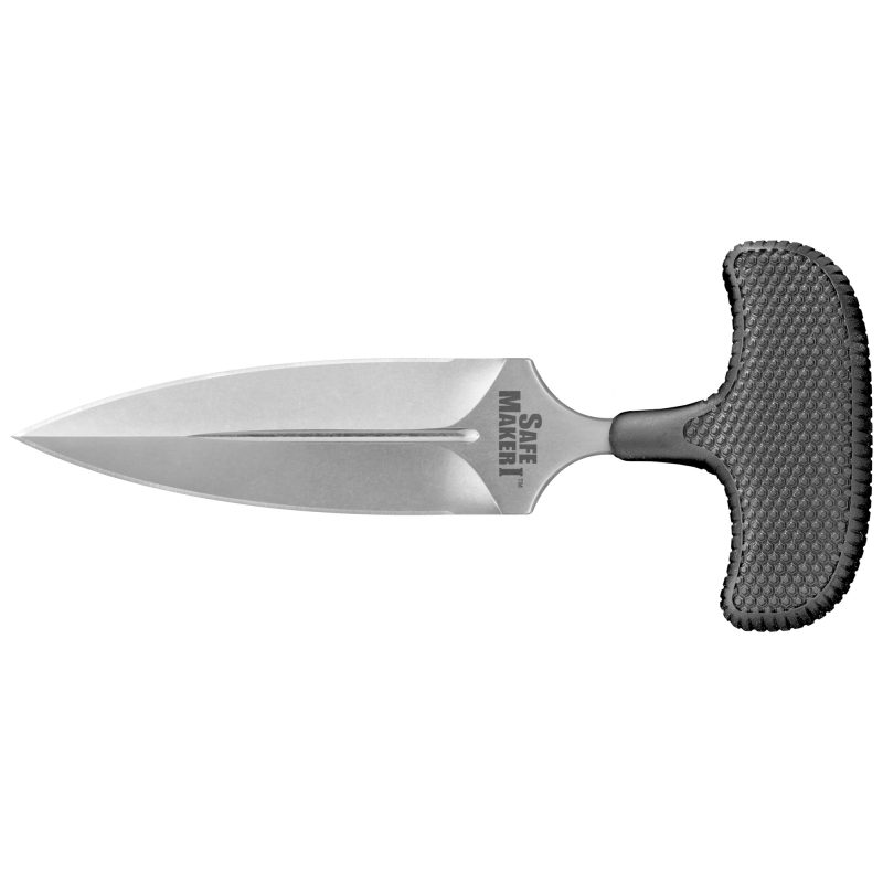 Cold Steel Safe Maker I fixed blade knife with a 4.5-inch plain edge AUS8A steel blade, stone washed finish, textured black Kray-Ex handle, and a black Secure-Ex sheath, displayed against a rugged outdoor background.