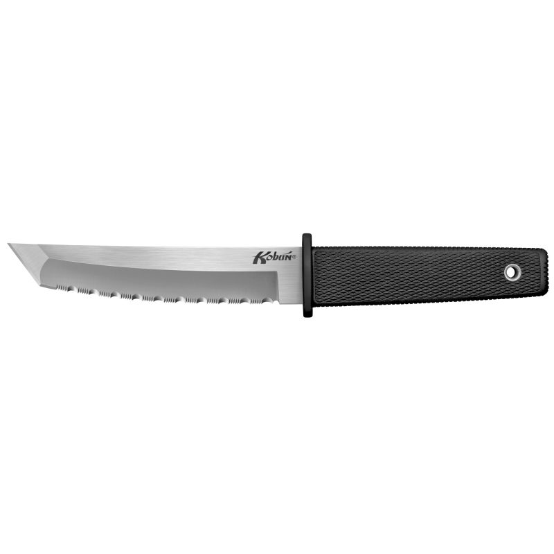 Cold Steel Kobun Srtd Tanto fixed blade knife with a black serrated tanto point blade, black Kraton handle, and a black Secure-Ex sheath, displayed on a rugged surface.