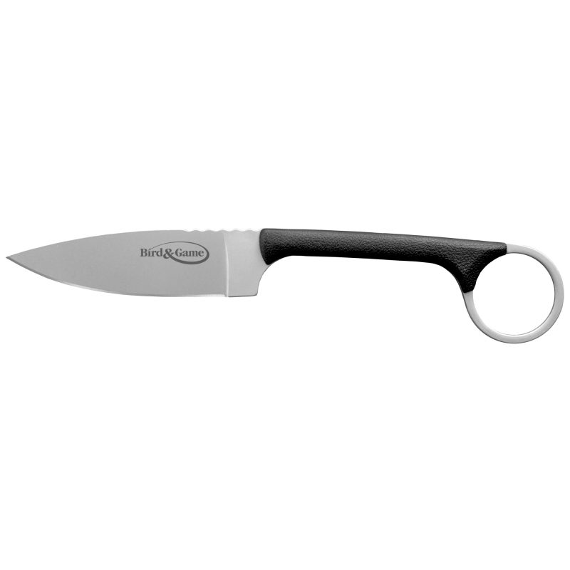 Cold Steel Bird & Game 3.5 inch plain edge fixed blade knife with a black polymer handle and a black Secure-Ex neck sheath, displayed against a rugged outdoor background.