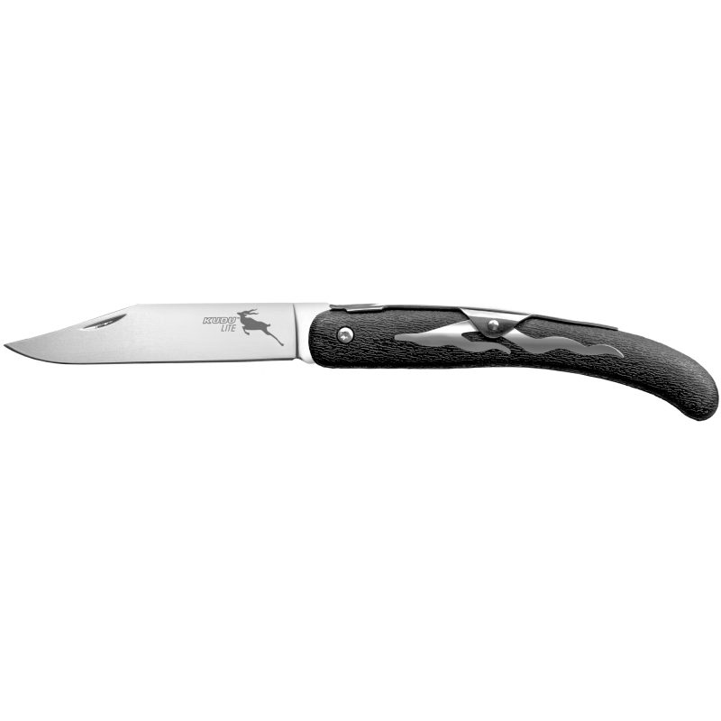 Cold Steel Kudu Lite 4.25 inch folding knife with a silver stonewashed clip point blade and a black handle, shown open.