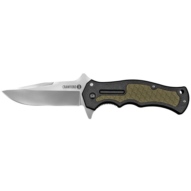 Cold Steel Crawford Model 1 folding knife with a 3.5-inch plain edge 4034SS steel blade and black handle with traction rubber inlays, shown open.
