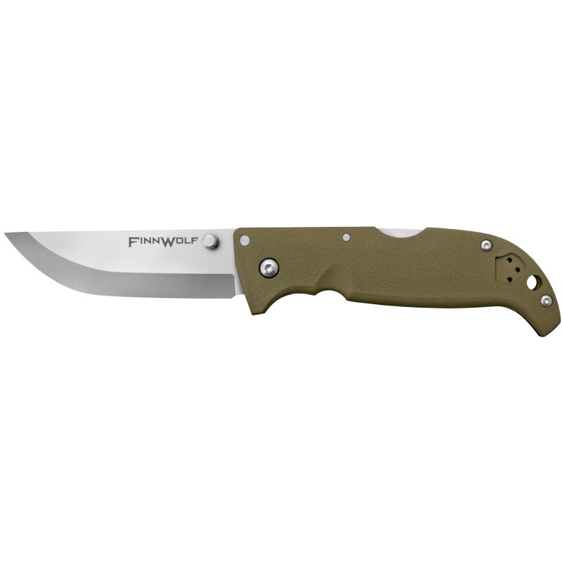Cold Steel Finn Wolf 3.5 inch folding knife with plain edge, black handle, and pocket clip, shown partially open.