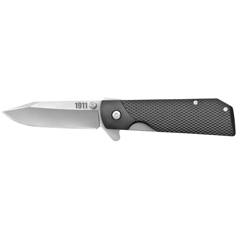 Cold Steel 1911 Folder knife with a 3-inch plain edge blade and checkered Griv-Ex handle, shown open on a rustic wood surface.