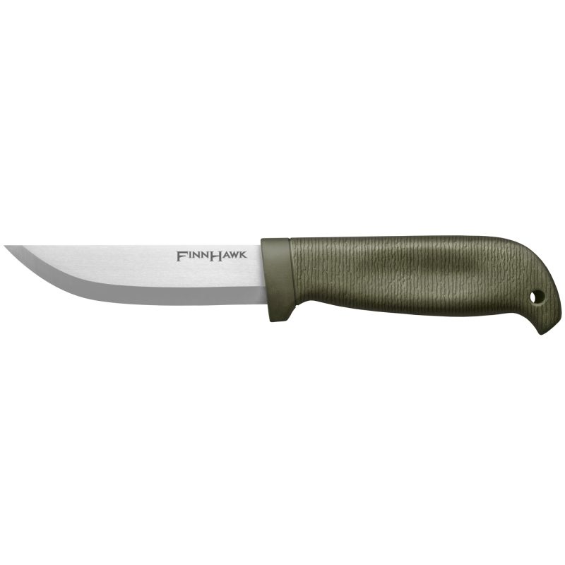 Cold Steel Finn Hawk fixed blade knife with a 4-inch plain edge German 4116 stainless steel clip point blade and a black polypropylene and rubber handle, shown with its Secure-Ex sheath.