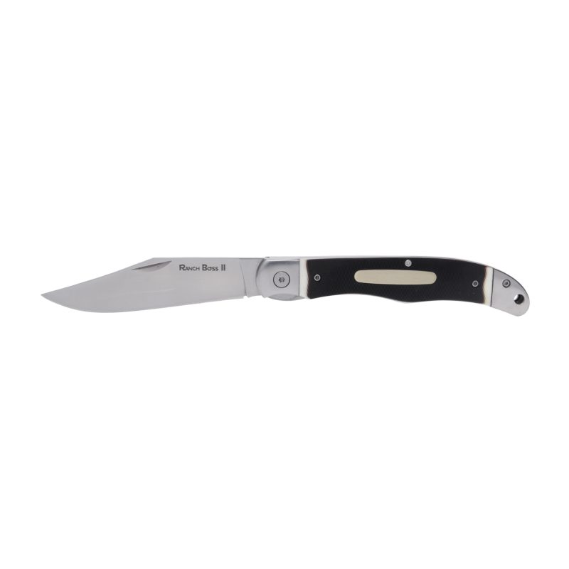 Cold Steel Ranch Boss II folding knife with a 4-inch satin finish clip point blade and faux sawed bone handle, shown open on a rustic surface.