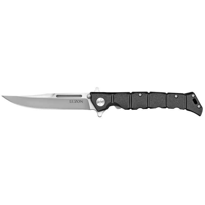 Cold Steel Medium Luzon folding knife with a 4-inch plain edge blade and black glass-filled nylon grip, shown open on a rustic background.