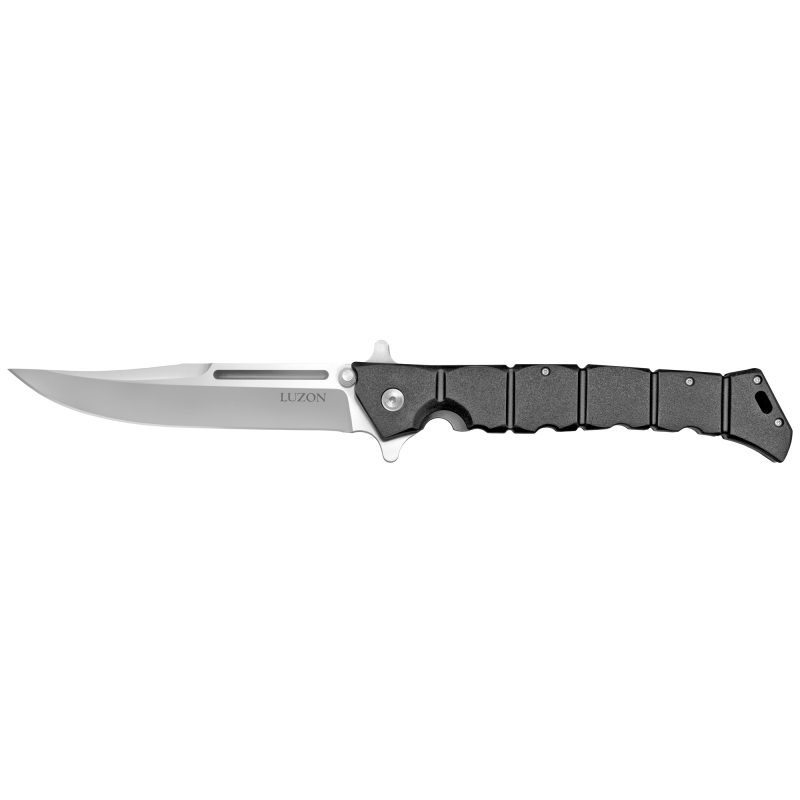 Cold Steel Large Luzon folding knife with a 6-inch plain edge blade and glass-filled nylon grip, shown open on a rustic wood surface, ready for ranch work in the White Mountains of Arizona.