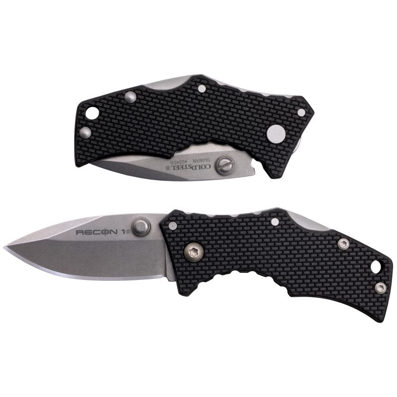 Cold Steel Micro Recon 1 folding knife with a 2-inch stonewash finish spear point blade and a black Griv-Ex handle, shown open.