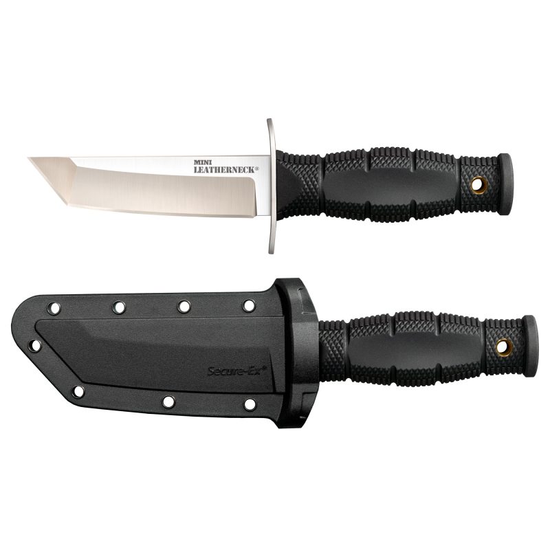 Cold Steel Mini Leatherneck Tanto fixed blade knife with a black Kray-Ex handle and a satin finish 3.5-inch tanto blade, shown with its Secure-Ex sheath.