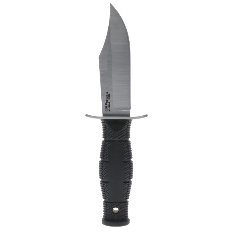 Cold Steel Mini Leatherneck Clip 3.5 inch fixed blade knife with satin finish 8Cr13MoV steel blade, black Kraton handle, and Secure-Ex sheath, shown on a rugged outdoor surface, ready for ranch work in the White Mountains.