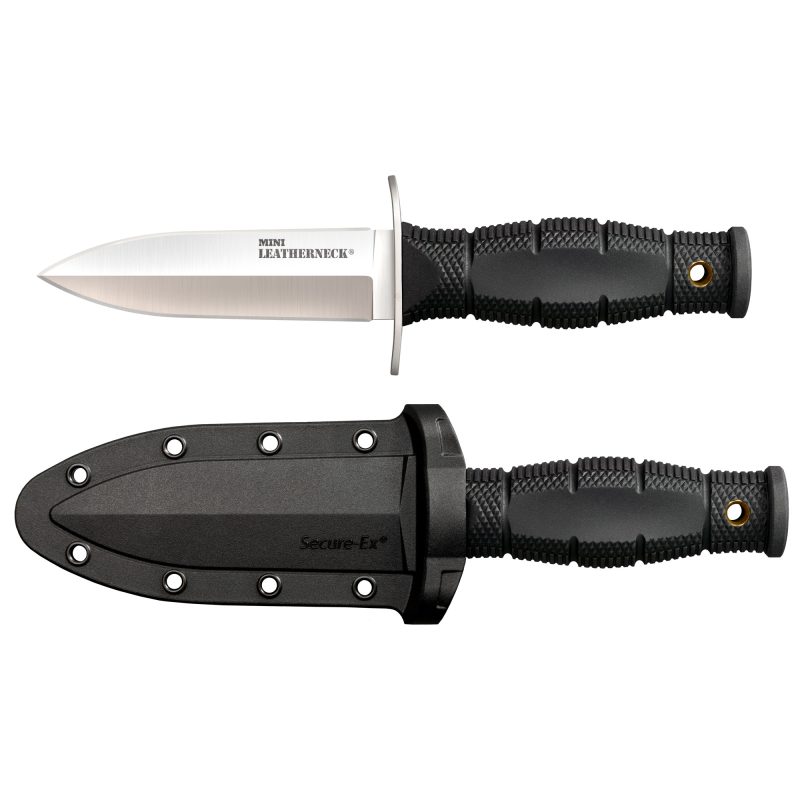 Cold Steel Mini Leatherneck fixed blade knife with a 3.5-inch satin finish spear point dagger blade and a black Kray-Ex handle, shown with its Secure-Ex sheath.