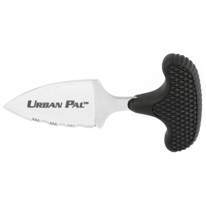 Cold Steel Urban Pal 1.5 inch fixed blade knife with a drop point, partially serrated AUS 8A blade and black Kraton handle, shown with its Secure-Ex sheath.