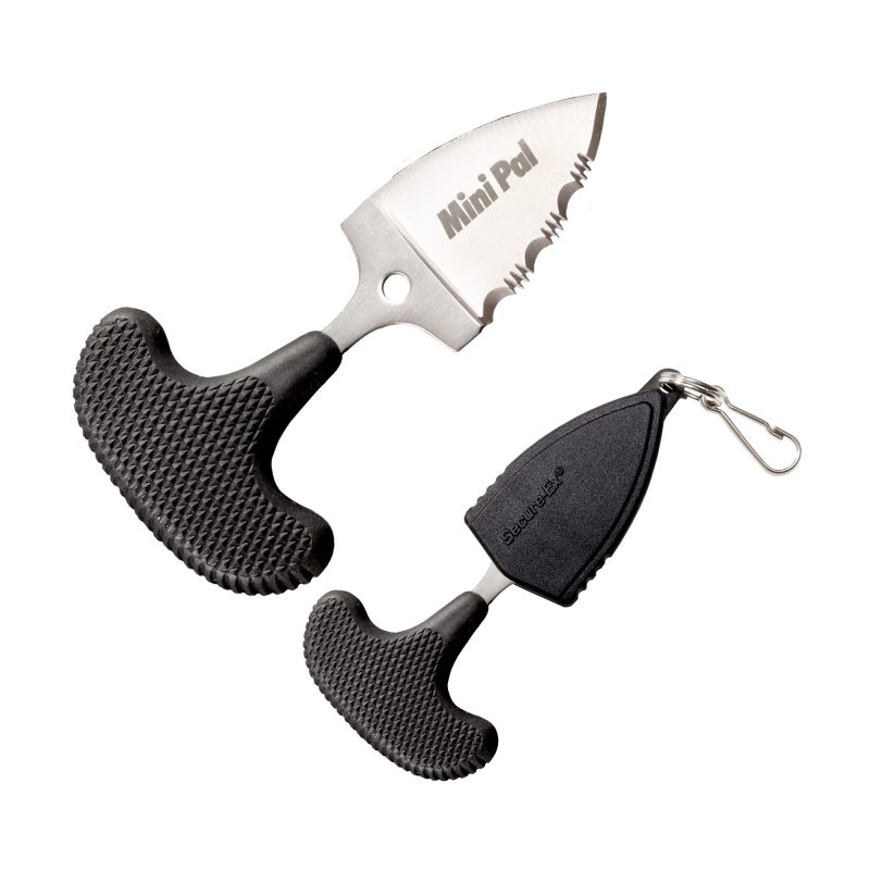 Cold Steel Mini Pal fixed blade knife with a 1-inch serrated drop point blade, black Kray-Ex handle, and Secure-Ex sheath.