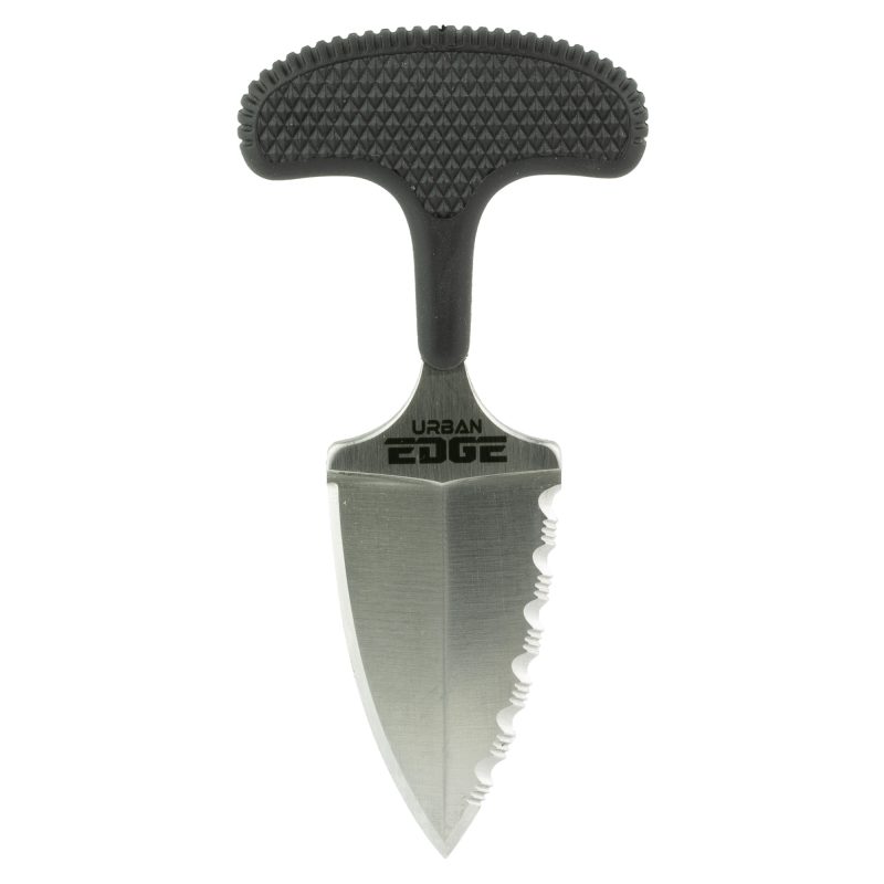 Cold Steel Urban 50/50 utility knife with a 2.5-inch plain and serrated blade, black Kraton handle, and Secure-Ex sheath, shown on a rustic background.
