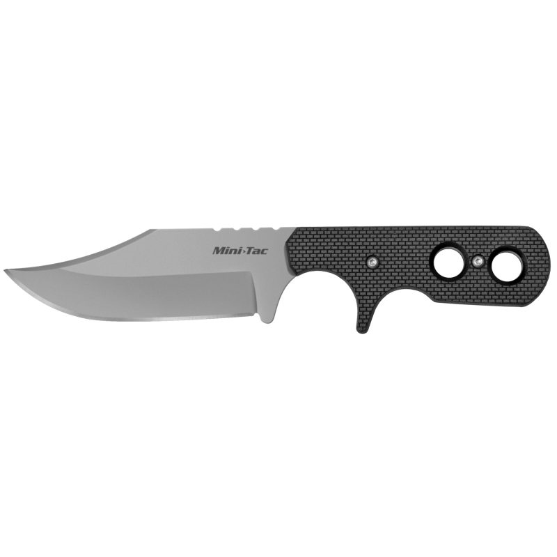 Cold Steel Mini Bowie fixed blade knife with a silver 3.63-inch clip point blade, black handle, and black Secure-Ex sheath.