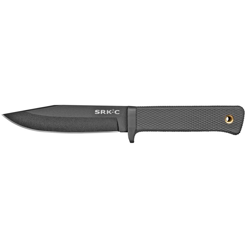 Cold Steel SRK Compact fixed blade knife with a black SK-5 steel blade and black handle, shown with its Secure-Ex sheath.