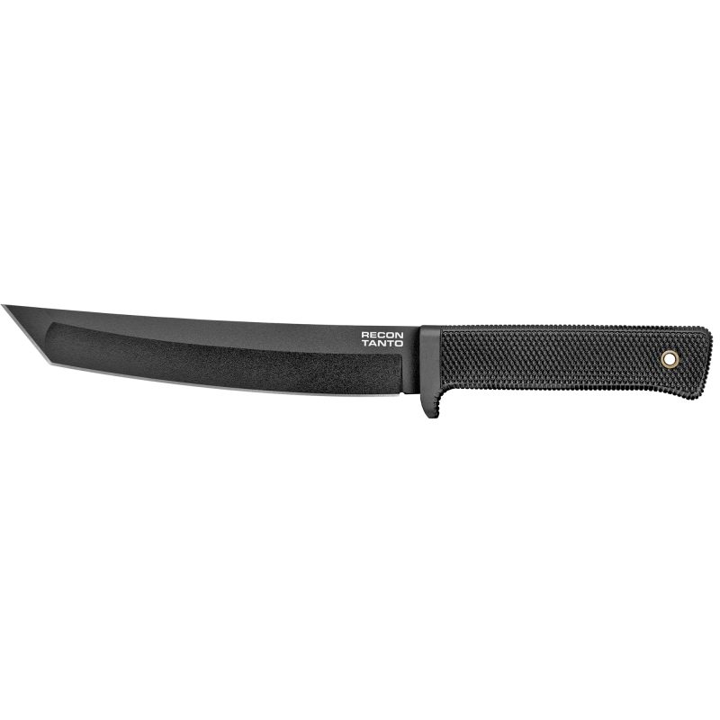 Cold Steel Recon Tanto SK-5 fixed blade knife with a 7-inch black Tuff-Ex finished blade and black Kray-Ex handle, shown in its Secure-Ex sheath.