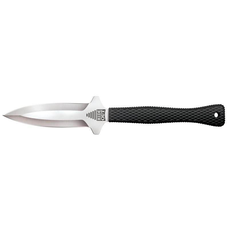 Cold Steel Hide Out fixed blade knife with a black Griv-Ex handle and a silver double-edged blade, shown with its Secure-Ex neck sheath.