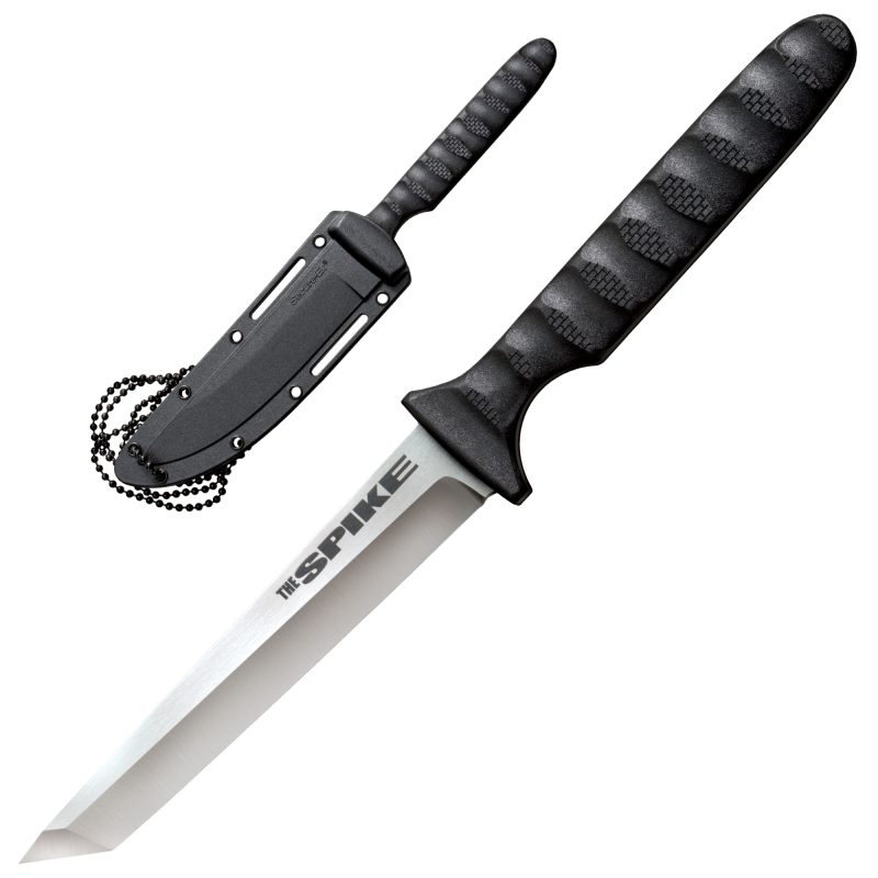 Cold Steel Tanto Spike fixed blade knife with a silver satin finish blade and black Griv-Ex handle, shown with its black Secure-Ex sheath.