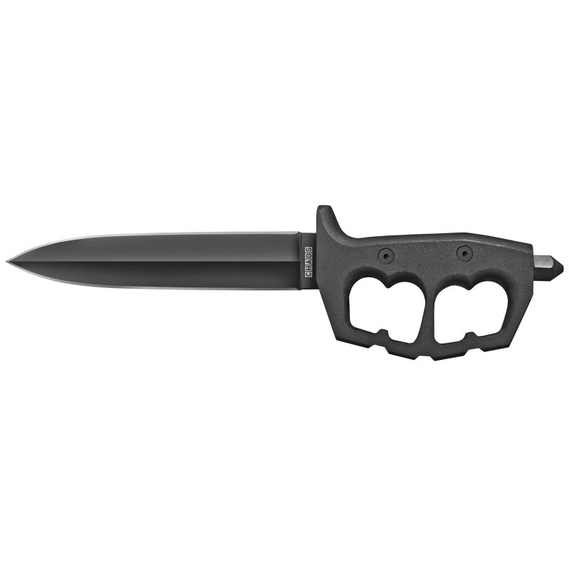 Cold Steel Chaos Double Edge fixed blade knife with a black handle and a black Secure-Ex sheath, shown against a rugged outdoor background.