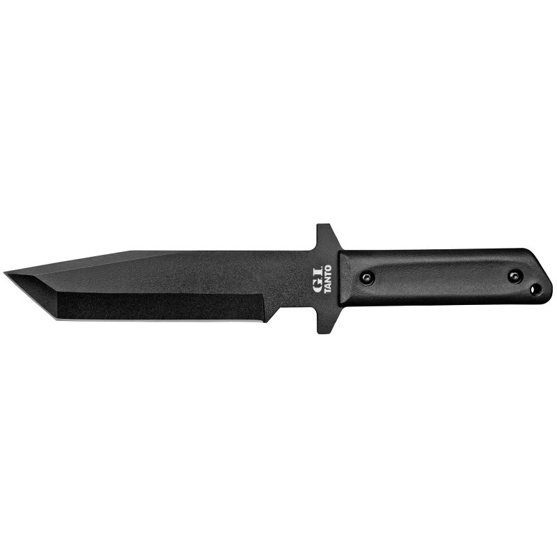 Cold Steel Gi Tanto fixed blade knife with a 7-inch plain edge 1055 carbon steel blade and black polypropylene handle scales, shown with its Secure-Ex sheath.