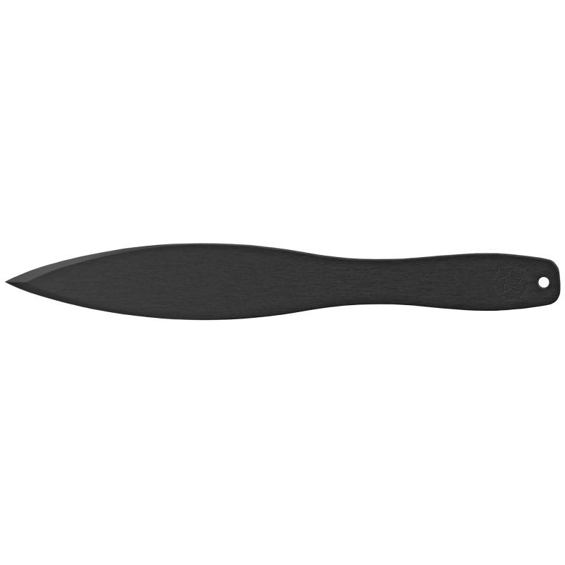 Black Cold Steel Sure Flight Sport throwing knife with a plain edge and 1055 carbon steel blade, shown against a rugged outdoor background.