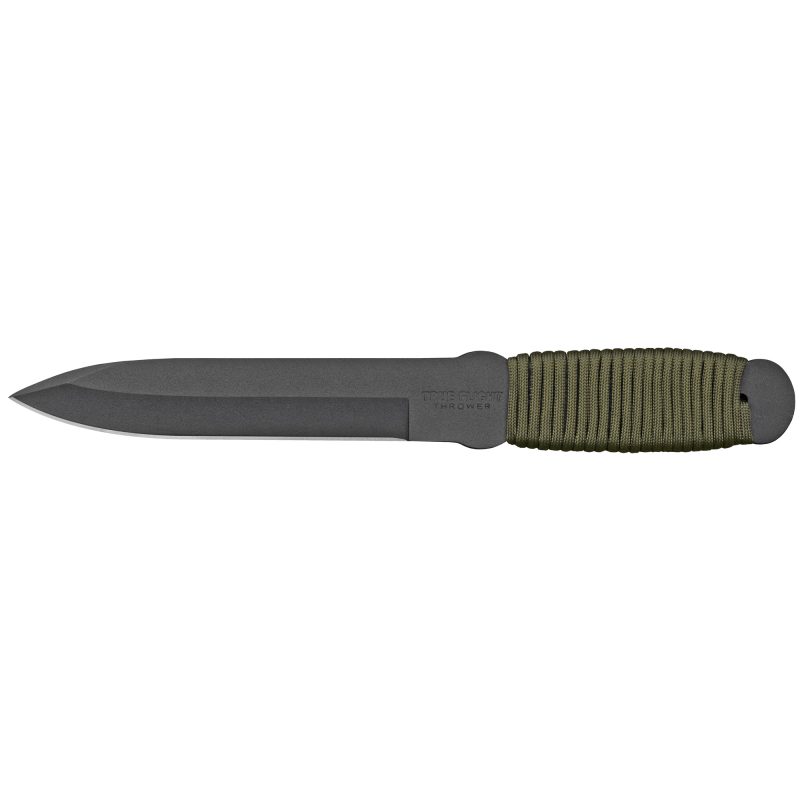 Cold Steel True Flight Thrower fixed blade knife with a 6.75-inch 1055 carbon steel plain edge blade, paracord wrapped handle, and a black Secure-Ex sheath, displayed against a rugged outdoor background.