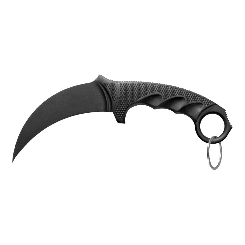 Cold Steel FGX Karambit fixed blade knife with a 4-inch black plain edge blade and a black Kray-Ex handle, shown on a rugged background.