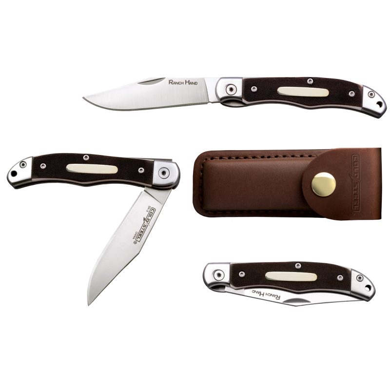 Cold Steel Ranch Hand folding knife with a 3-inch satin finish clip point blade, faux sawed bone handle, and silver bolsters, shown with a brown leather belt sheath.